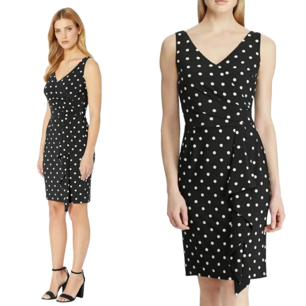 Lauren Ralph Lauren Dress Women 8 Black White Polka Dot Swing Wrap Career Casual